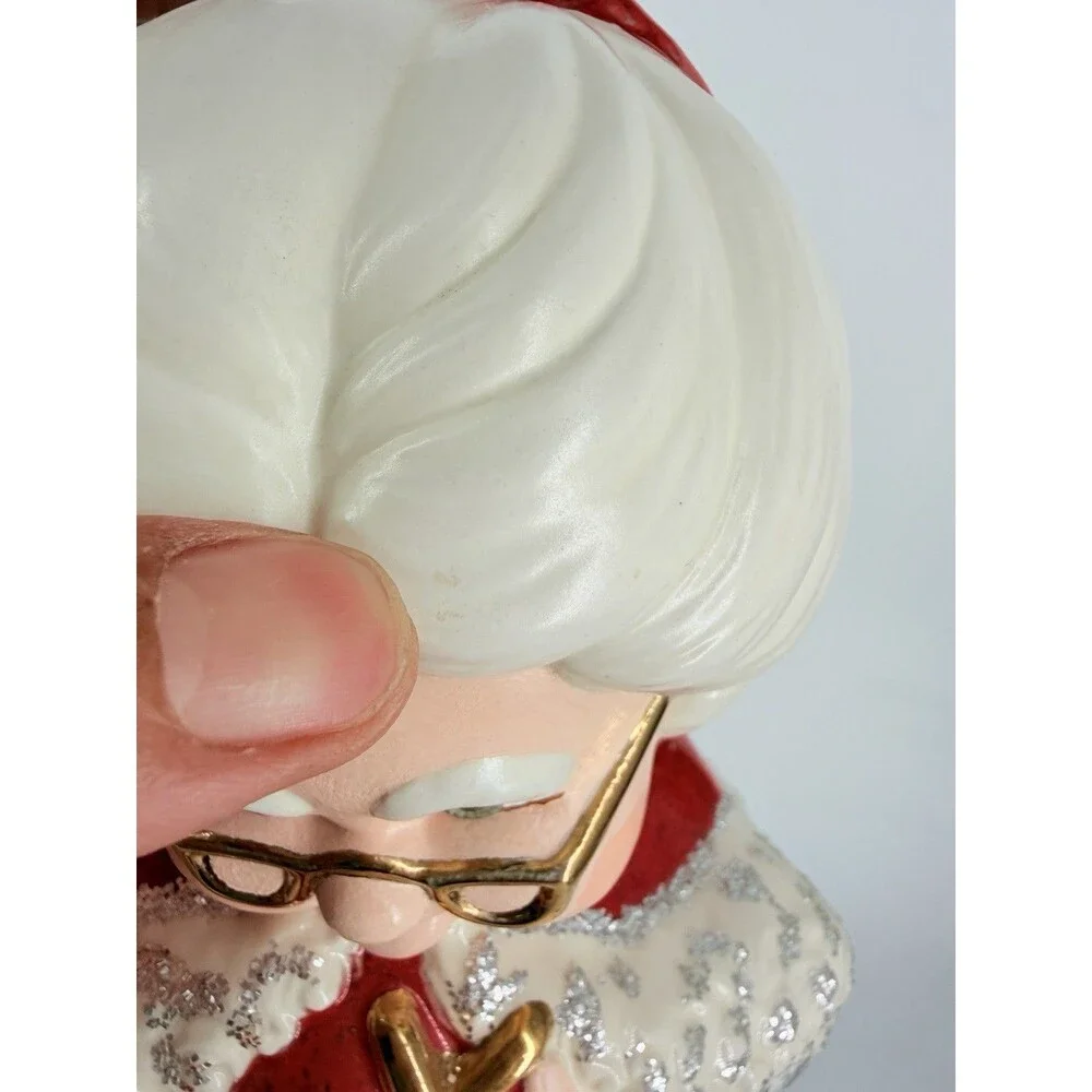 Vtg Atlantic Mold Large Mrs Claus Knit Ceramic Glitter Plastic eyes Christmas